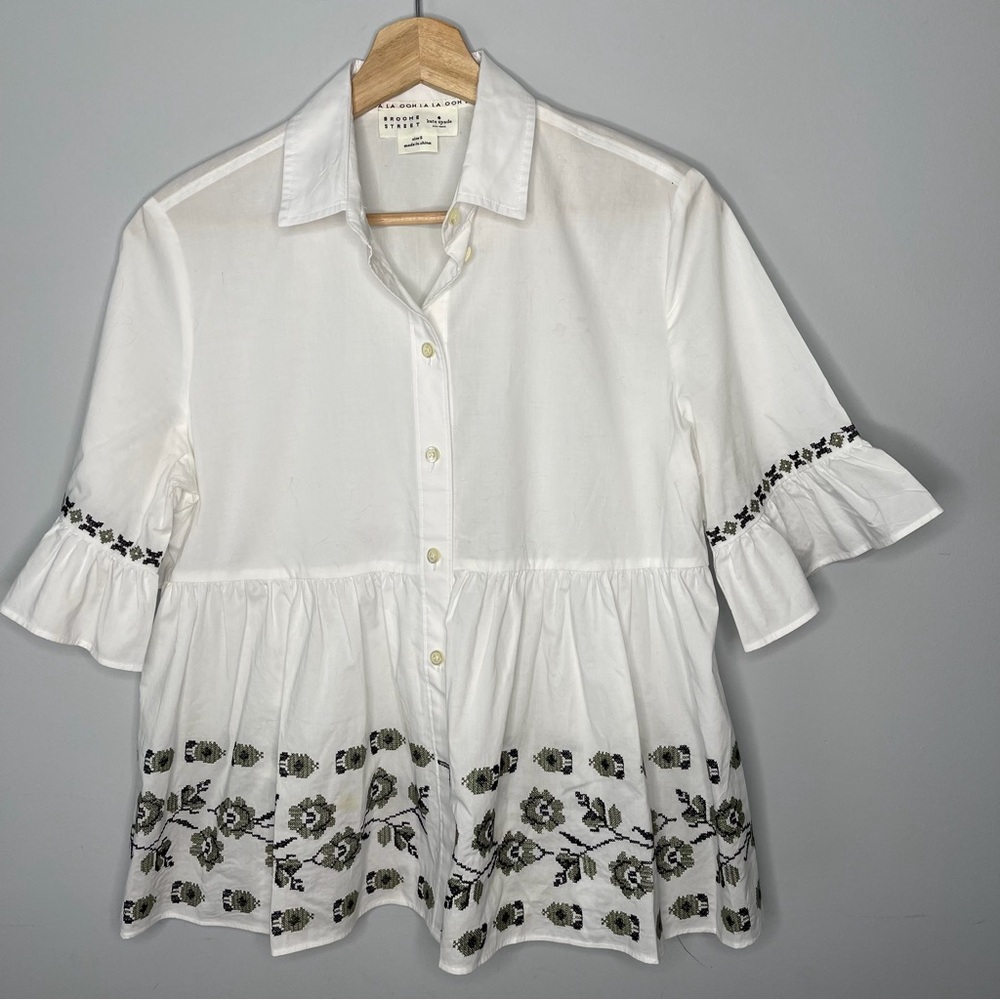 Womens Kate Spade Broome Street embroidered Poplin button top size small‎
